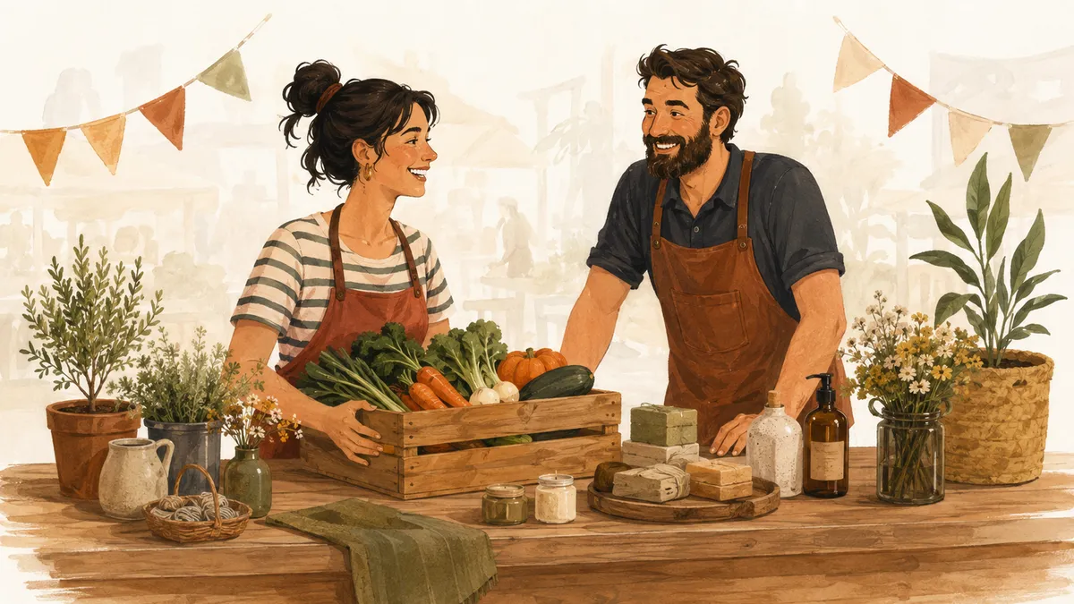 Deux commerçants souriants derrière leur étal de légumes et de savons au marché