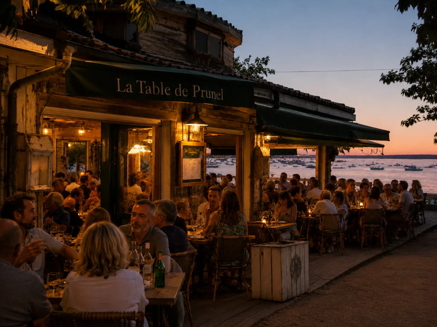 Façade et terrasse du restaurant au coucher du soleil