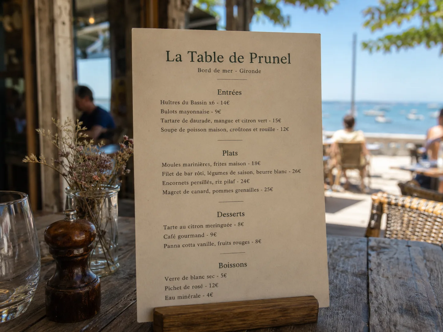 Vue sur le bassin et les bateaux depuis la table