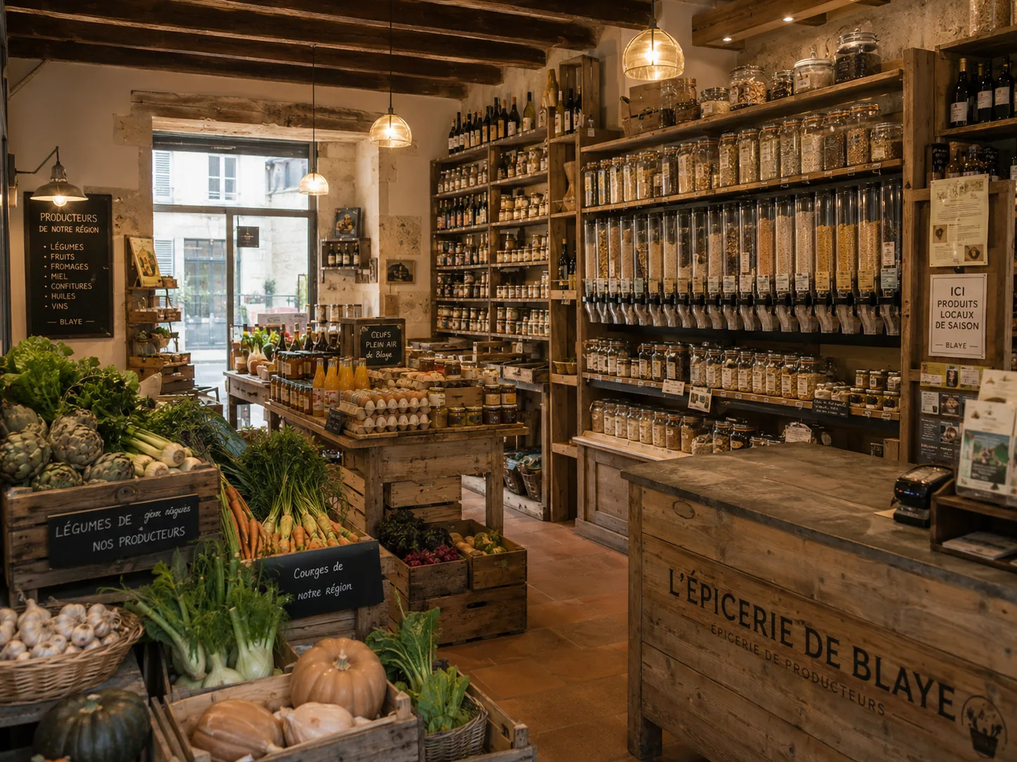 Intérieur de la boutique : mur de vrac, cageots de légumes de saison et comptoir en bois