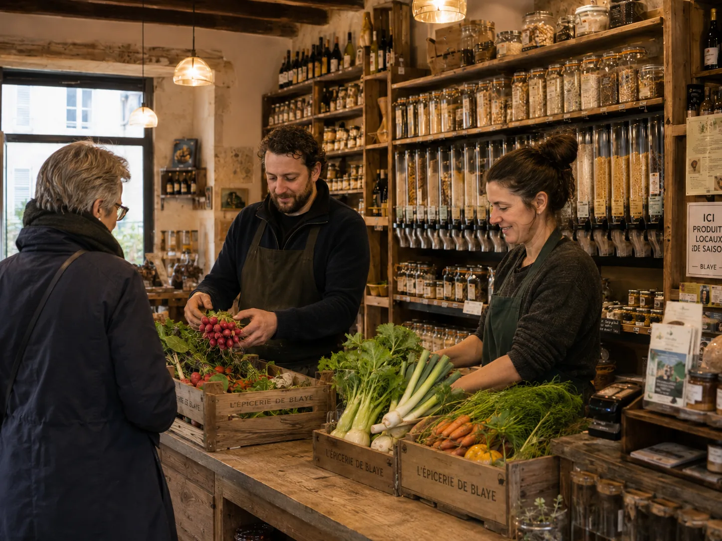Les deux commerçants préparent les légumes du jour derrière le comptoir, face à une cliente