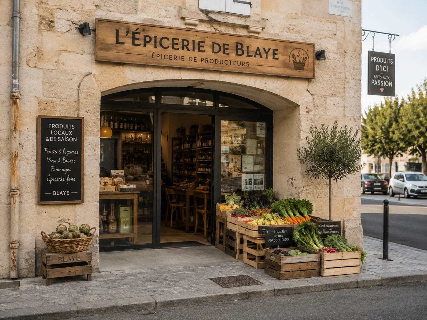 Devanture en pierre de l'épicerie, cageots de légumes et ardoises sur le trottoir