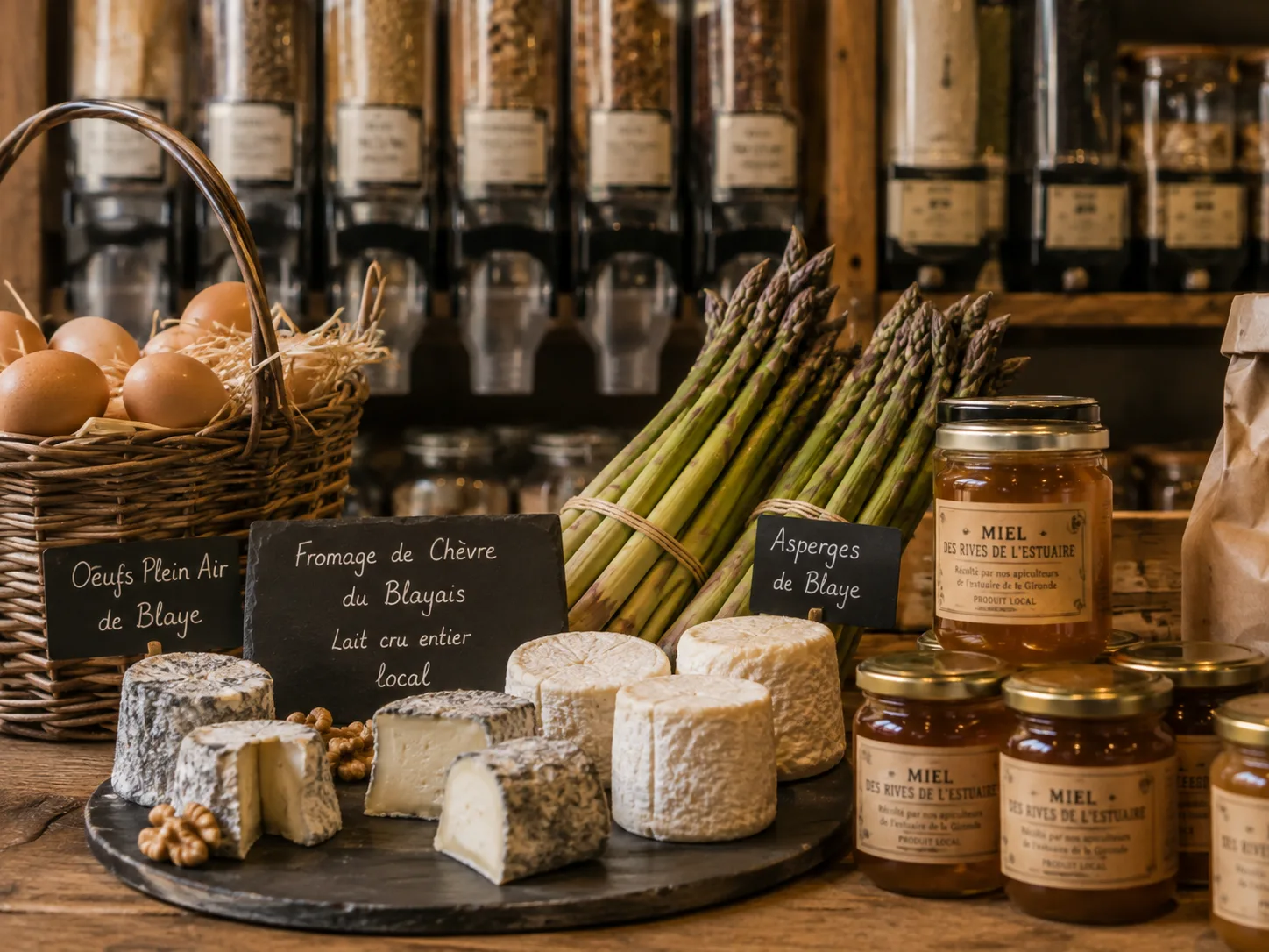 Étal de fromages de chèvre du Blayais, asperges, œufs plein air et pots de miel de l'estuaire