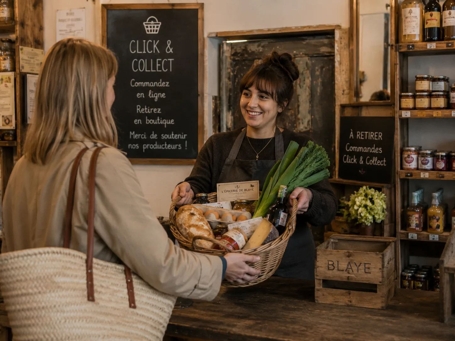 Remise d'un panier commandé en ligne au comptoir, sous l'ardoise Click and Collect