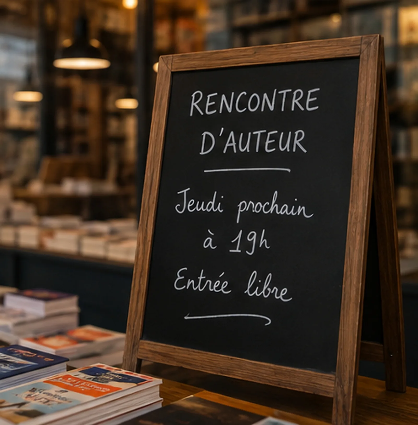 Ardoise annonçant la rencontre d'auteur du jeudi à 19 h, entrée libre