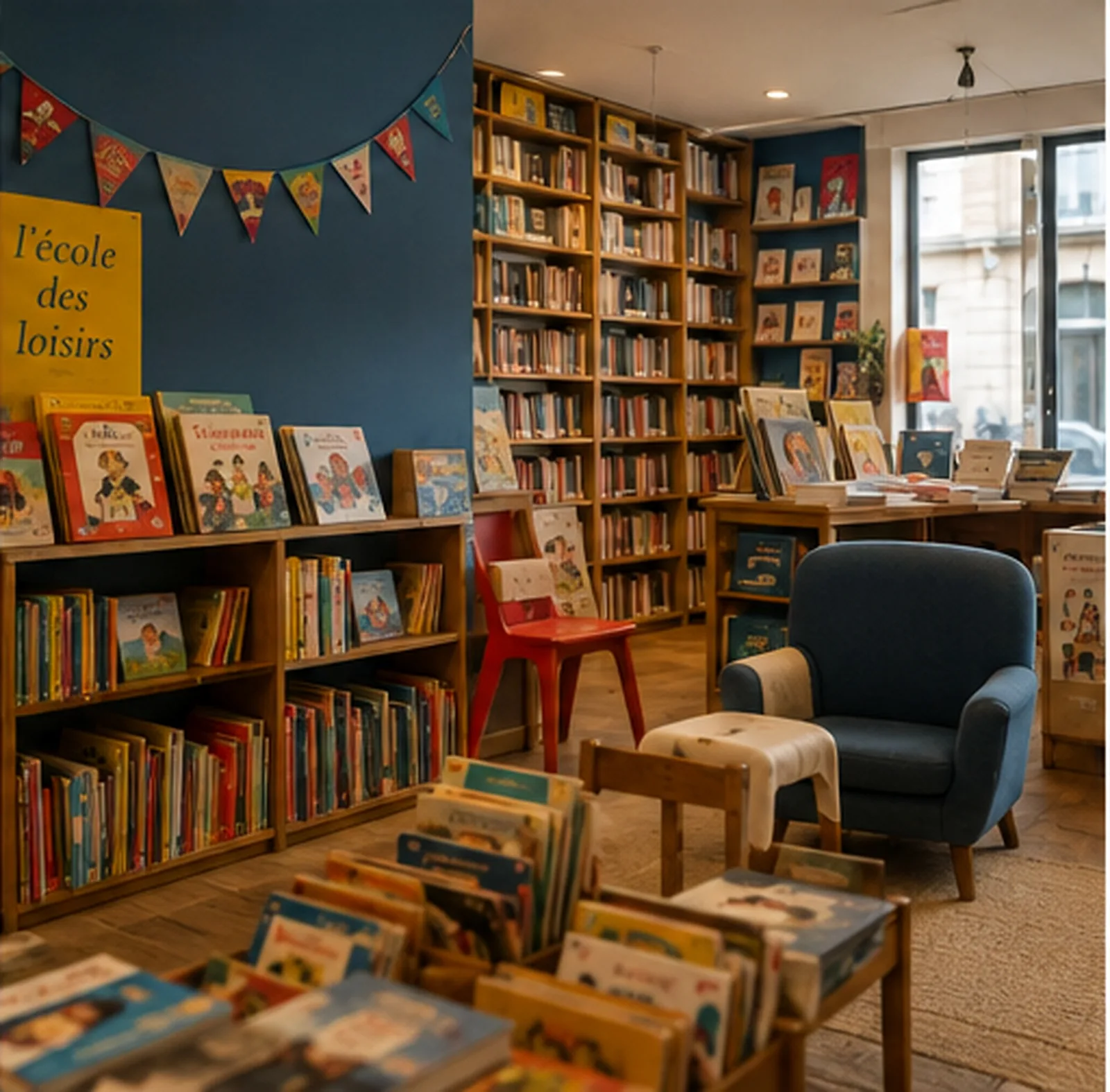 Coin des enfants : albums à hauteur de main, fauteuil, tapis et guirlande de fanions