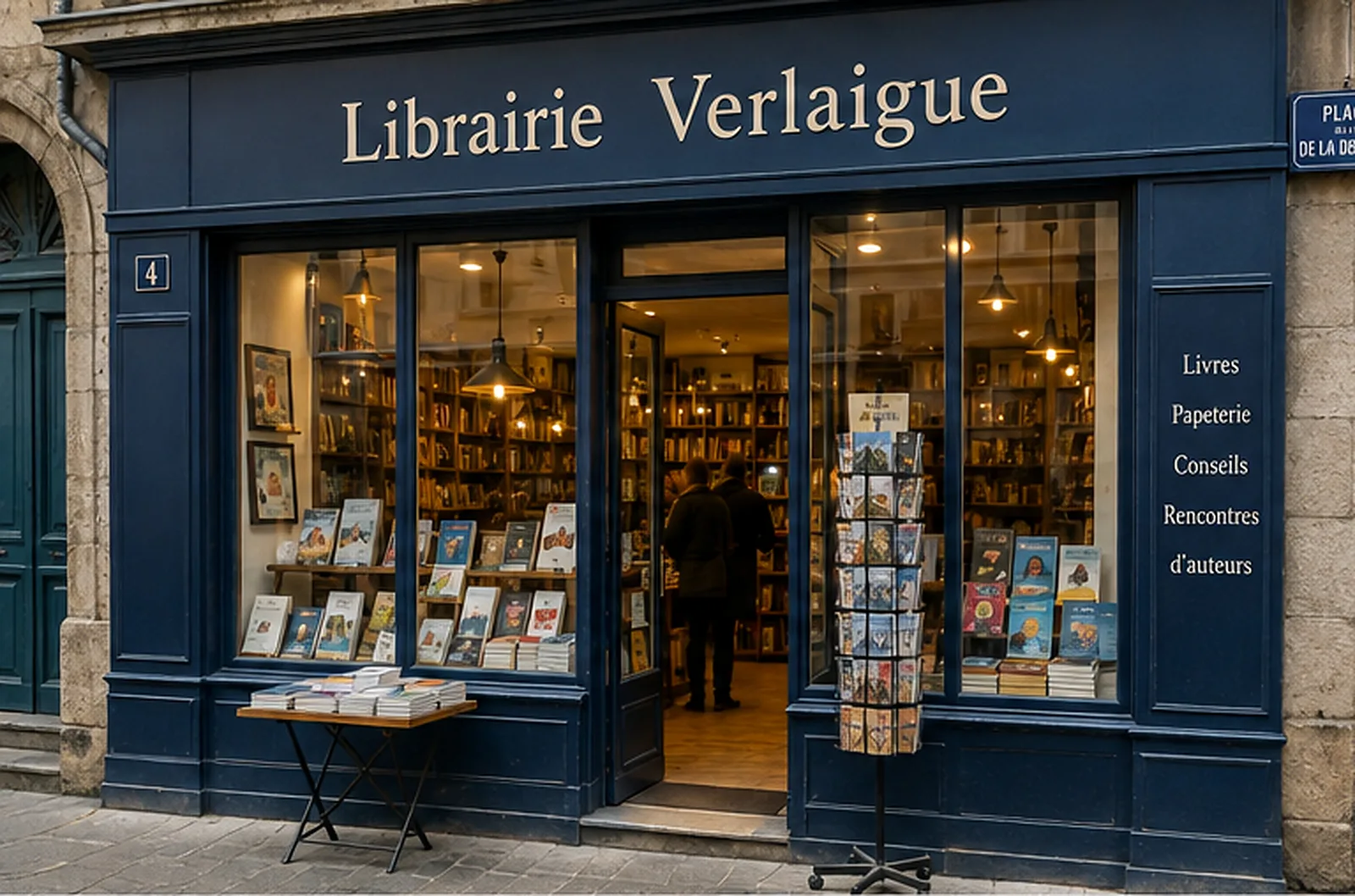 Devanture bleue de la librairie, vitrines de nouveautés et tourniquet de cartes sur le trottoir
