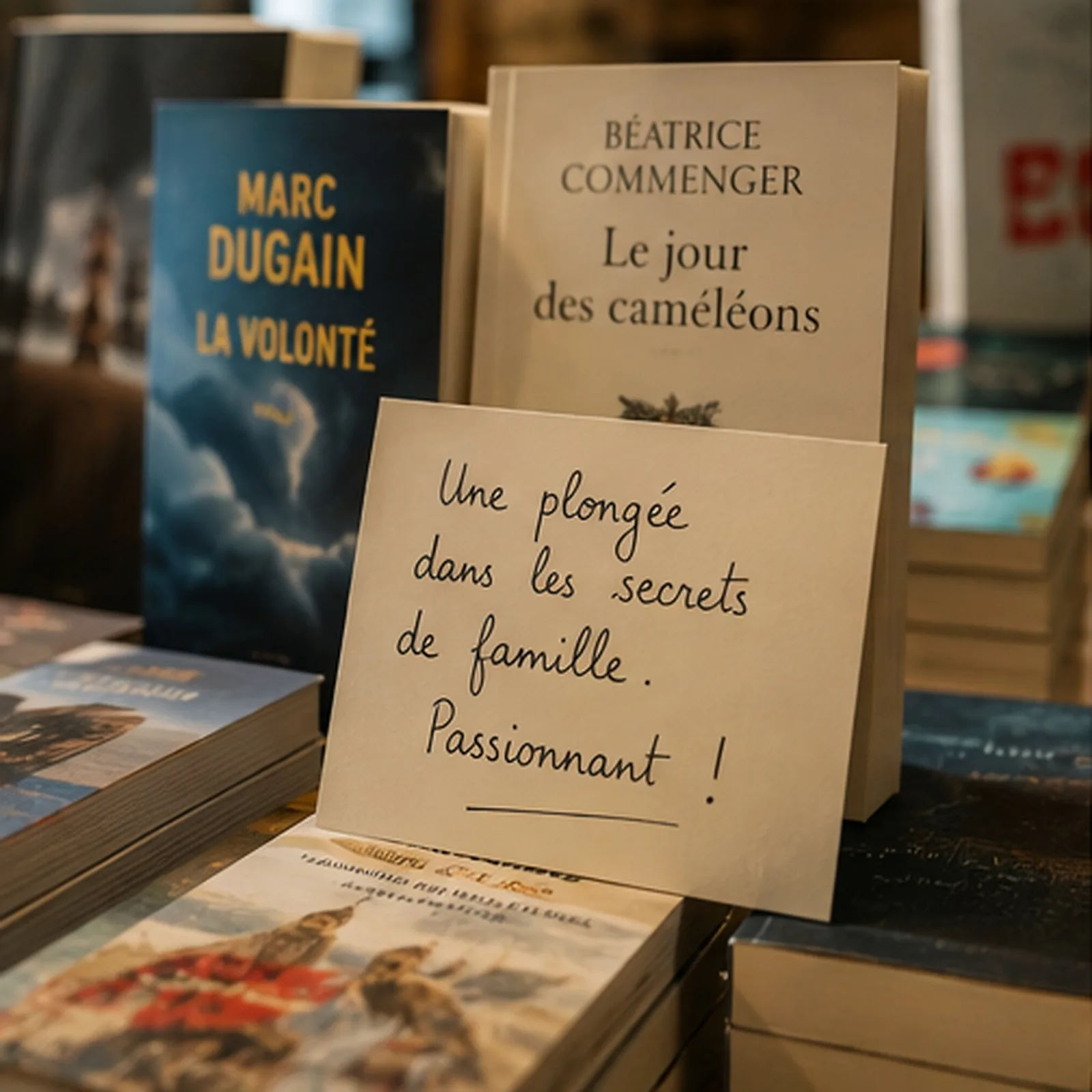 Table de conseils des libraires, mot manuscrit posé devant un roman